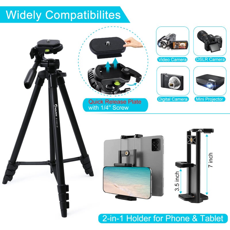 Endurax حامل كاميرا إندوركس 60 بوصة لكاميرات كانون ريبيل إيوس ونيكون DSLR، حاملات سفر للهواتف والأجهزة اللوحية مع جهاز تحكم عن بعد باللون الأسود - Image 2